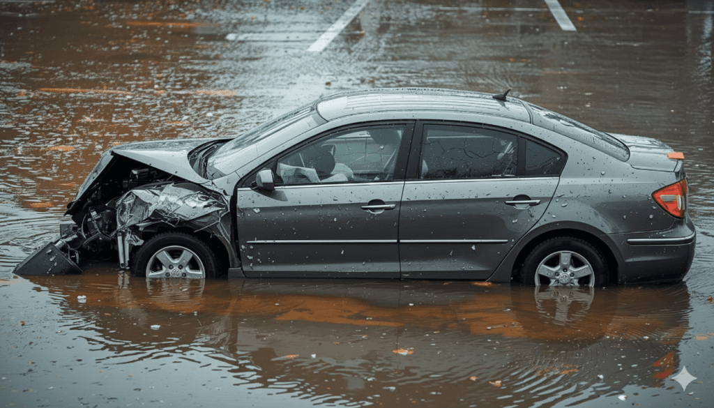 A car is fully submerged in a flooded parking lot, illustrating the impact of severe weather conditions.