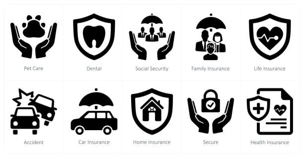 A collection of icons representing different insurance types, including No Medical Exam Life Insurance.